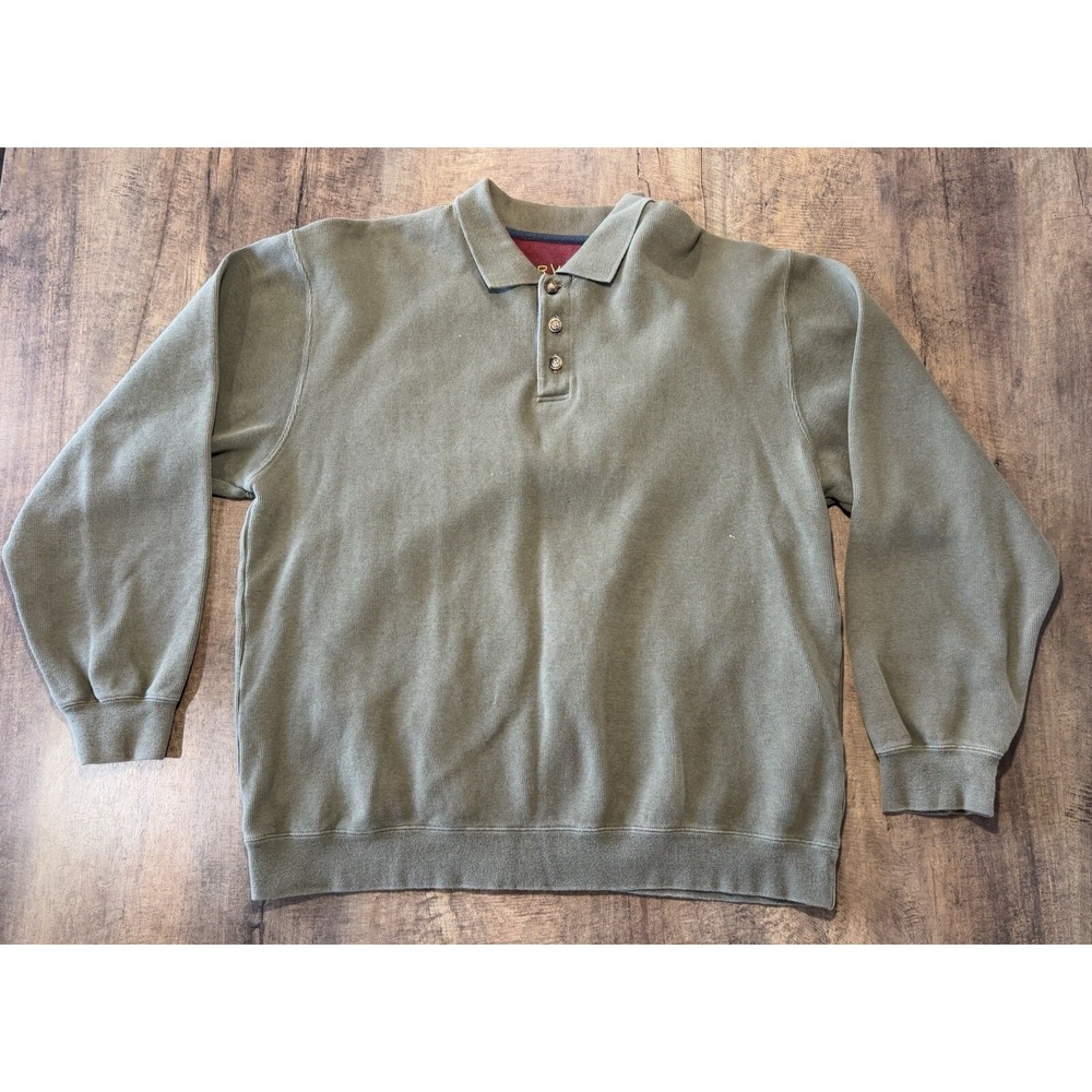 Orvis Mens 100% Cotton Green Size Large Pullover 3 Button Up Long‎ Sleeve